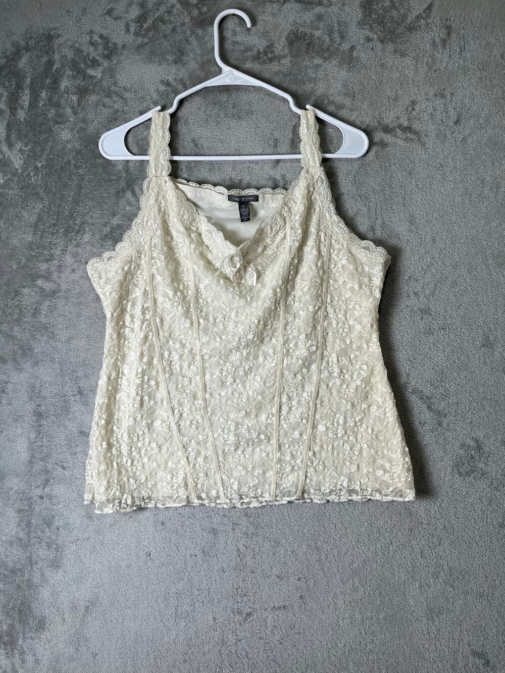Vintage Y2K Lace Corset Cami Top Ivory Floral Sheer Coquette Fairy Grunge XL
